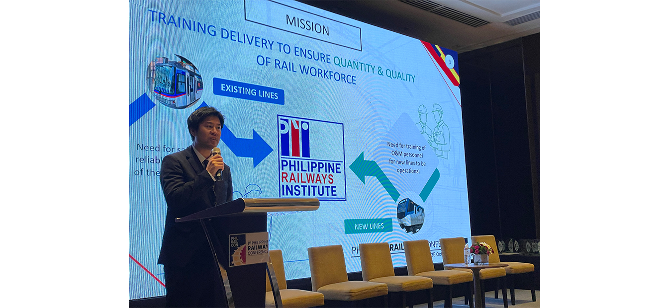 Takayuki Hagiwara, Director of the Rail Transportation Planning Department, delivered a presentation at the Philippine National Railway Conference